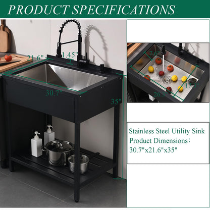 Bokaiya Black Stainless Steel Utility Sink Free Standing, Large Freestanding Laundry Sink with Faucet 16 Gauge Single Bowl Outdoor Commercial Sinks for Restaurant Garage (30.7" x 21.6" x 35")