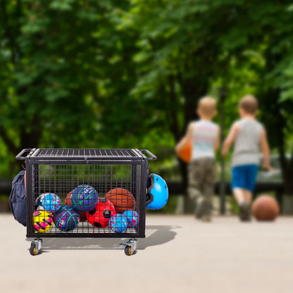 MyGift Black Metal Rolling Sports Ball Storage Cart for Playground, Dodge Ball, Basketball, Soccer Ball Gym Basket Equipment Cart with Lockable Latch, Caster Wheels and 4 Hooks