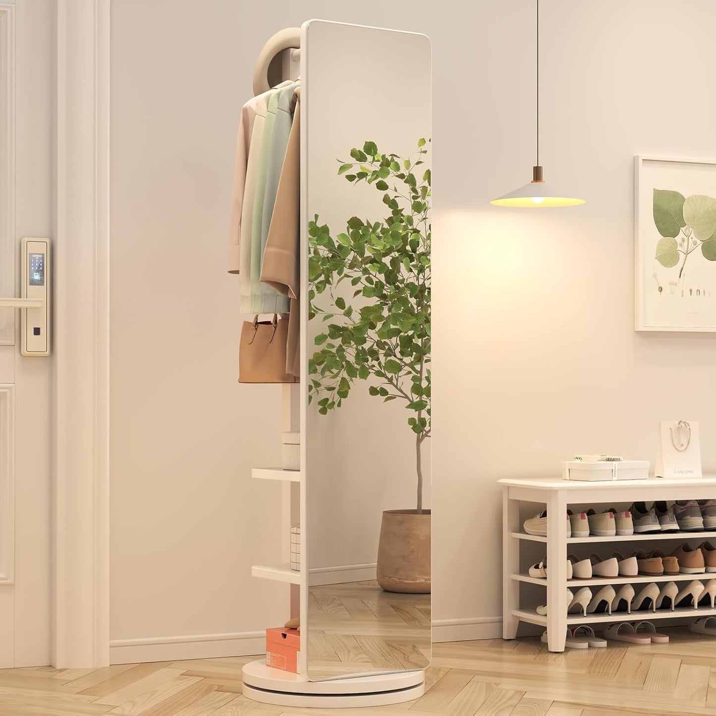 KEIKI Full Length Mirror with Cloak Rack, 66"x18" Rotatable Rubber Wood Full Body Floor Mirror for Bedroom, Living Room & Dressing Room – White