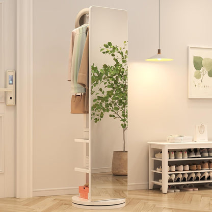 KEIKI Full Length Mirror with Cloak Rack, 66"x18" Rotatable Rubber Wood Full Body Floor Mirror for Bedroom, Living Room & Dressing Room – White
