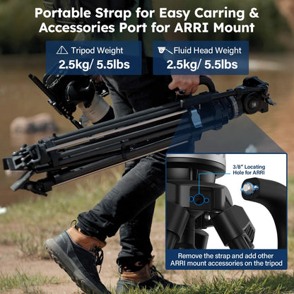 SIRUI SQ75+VHS10 Carbon Fiber Tripod, 71.7” Video Tripod with Professional Video Fluid Head, 7-Step Counterbalance, 4-Step Tilt/Pan Damping Adjust, Rapid Setup for Camera, Max Load 10kg/22lb