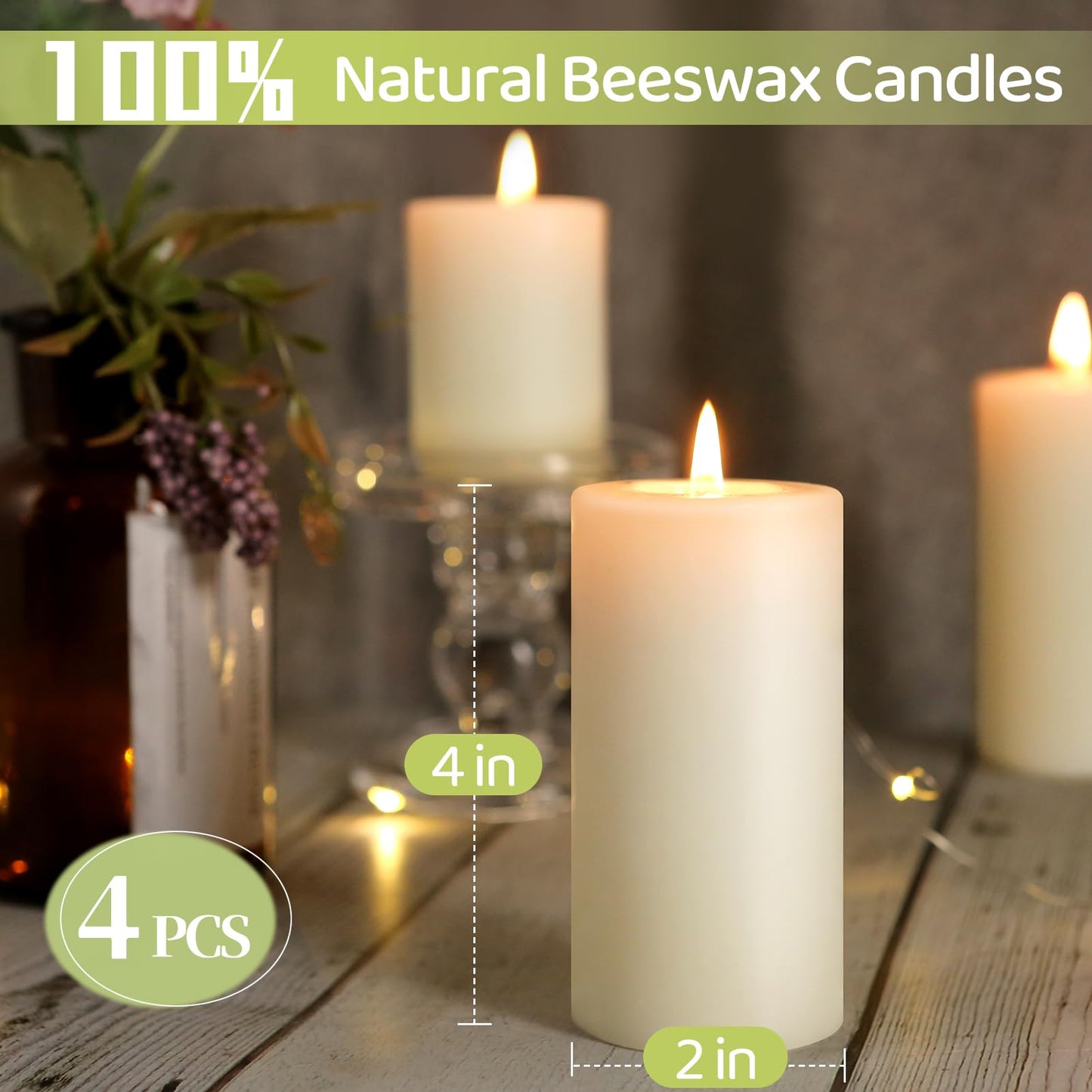 4 Pack Beeswax Pillar Candles,172 Hours Long Burning Pure Off-White Beeswax Candles,Unscented Bees Wax Candle for Home,Prayer,Dripless Smokeless Organic 100% Bees Wax Candle Bulk 2x4in