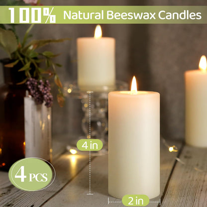 4 Pack Beeswax Pillar Candles,172 Hours Long Burning Pure Off-White Beeswax Candles,Unscented Bees Wax Candle for Home,Prayer,Dripless Smokeless Organic 100% Bees Wax Candle Bulk 2x4in