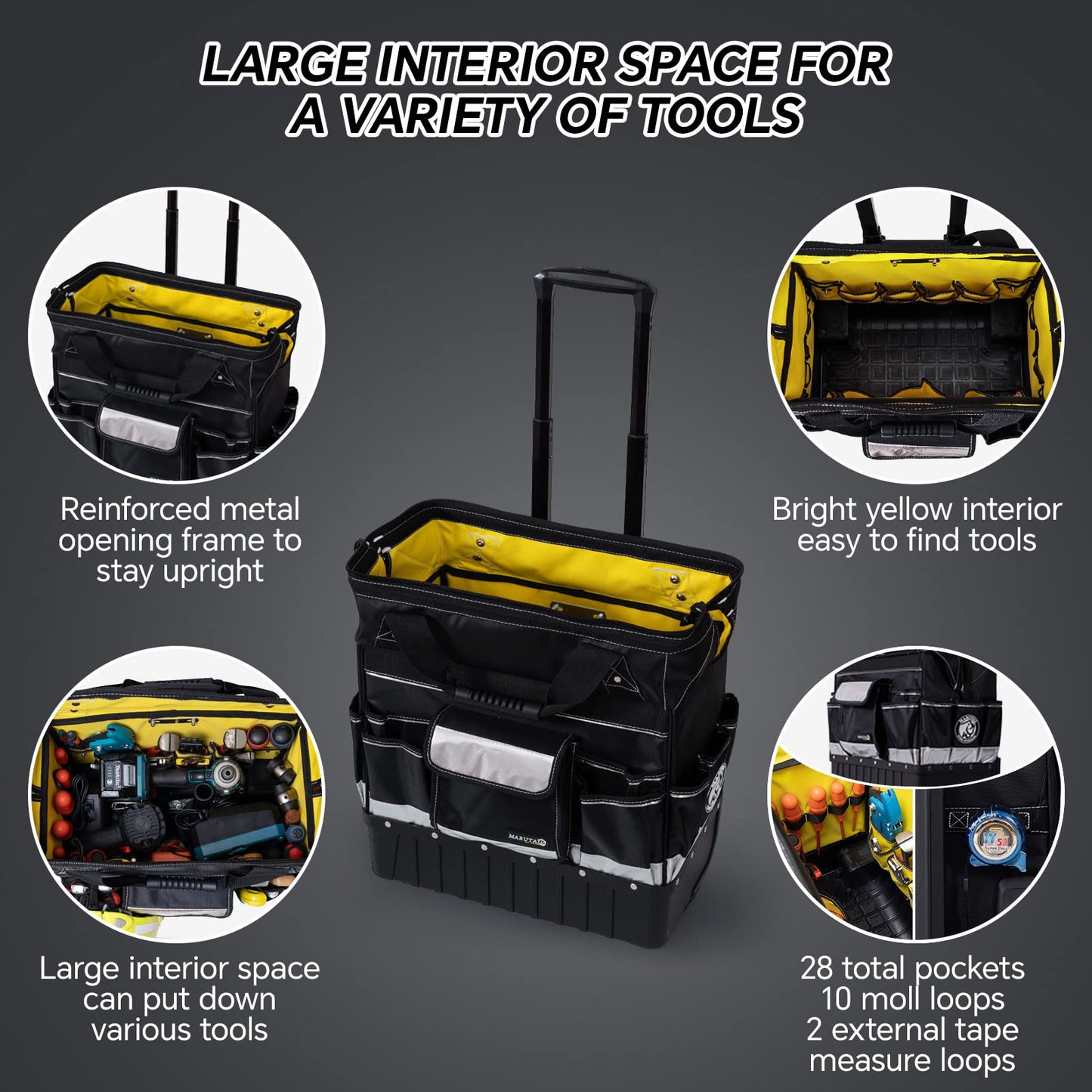 MARUTAI 18'' Rolling Tool Bag, Waterproof Tool Bag with Wheels, Portable Storage Organizer Rolling Tool Tote, fits in all cars/trucks/vans/motorcycles