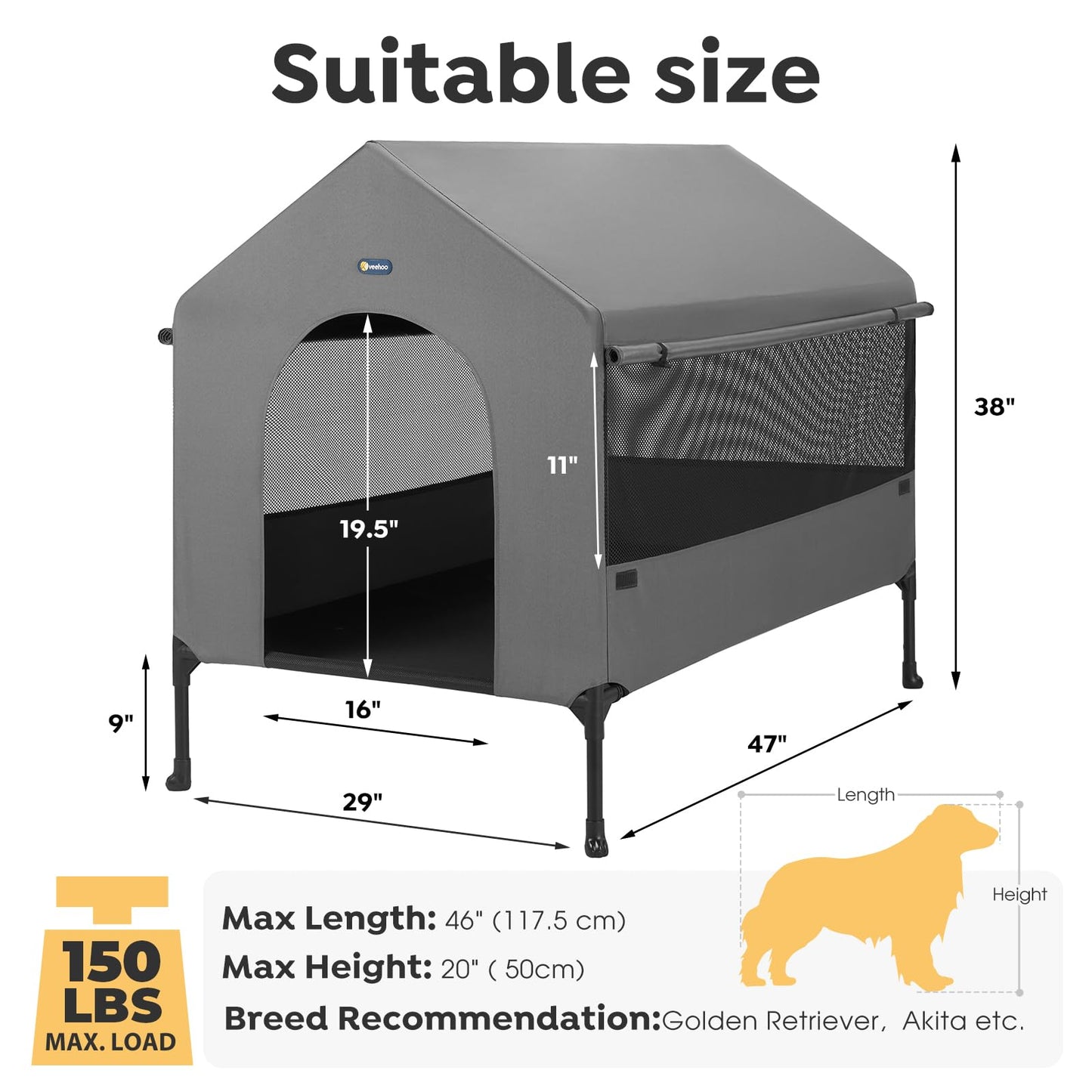 Veehoo 47" Dog House, 2-in-1 X-Large Dog House Outdoor Indoor Weatherproof, Outside Elevated Dog Cot Bed Dog Tent Shade, Three-Sided Breathable Mesh Windows and Sunshades, CWC2435CP