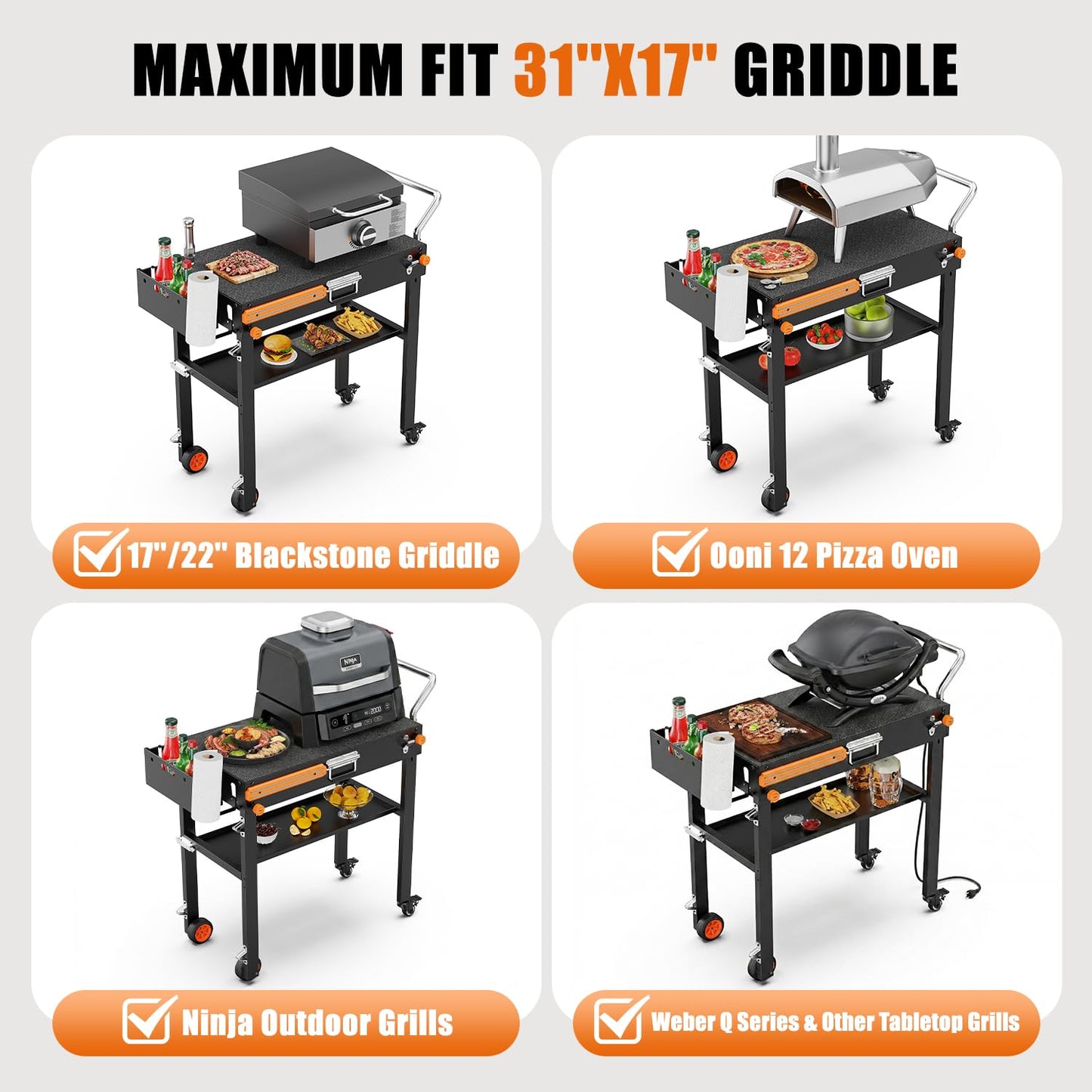 AOKEMAi Grill Table for Blackstone Griddle 17” or 22”, Portable Grill Cart with Wheels for Ninja, Outdoor Grill Table with Large Space, Foldable Griddle Stand ＆ BBQ Prep Tables for Tailgating Camping