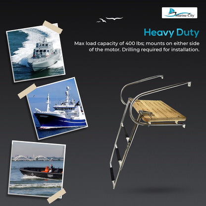 MARINE CITY Stainless Steel Swim Teak Platform Boat Ladder, Low Maintenance Ideal for Marines, Boats, Ships, Yachts (Teak I/B (3 Steps))