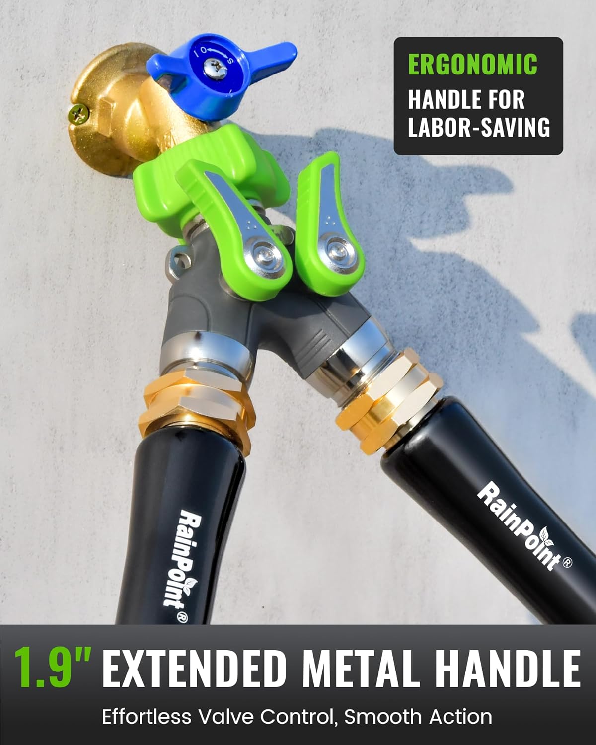 RAINPOINT Garden Hose Splitter - 2 Way Heavy Duty Y Spigot with Shutoff Valves & Metal Handle | 3/4" GHT Thread, Green