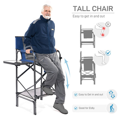 EVER ADVANCED Tall Folding Chair 30.7" Seat Height Directors Chair High Foldable Bar Stool for Makeup Artist Face Painting with Side Table Cup Holder and Storage Pocket Supports 350LBS (Blue/Grey)
