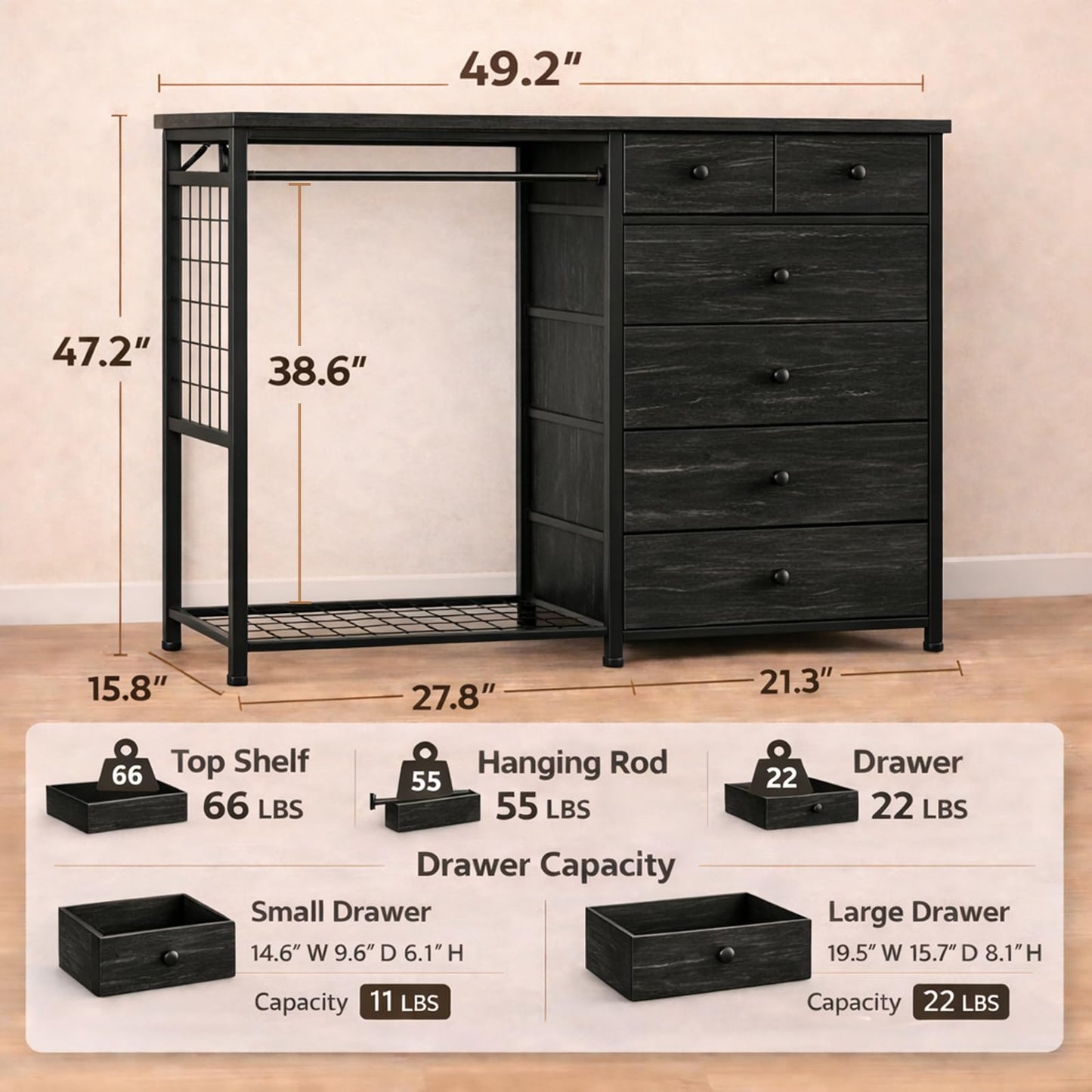 Simple Deluxe Storage Clothes Rack with 6 Drawers, Charging Station & LED Lights, Fabric Chest Shelves Clothing Rack, Wooden Portable Wardrobe Closet, 49.2" W x 15.7" D x 47.2" H, Black