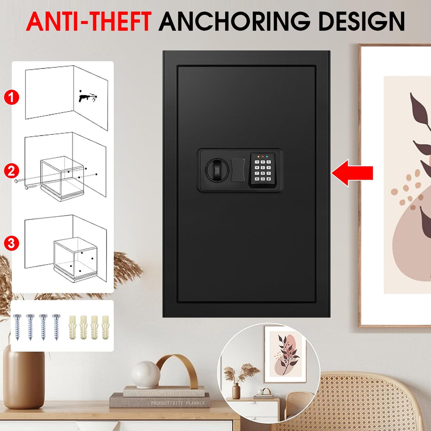 5.1 Cuft Large Home Safes Water and Fireproof with Digital Keypad & Key Lock, Fire Security Safes with 3 Removable Shelves, Anti-Pry Safe Box for Money Documents Jewelry, 23.62"H x14.96"W x 12.2"D