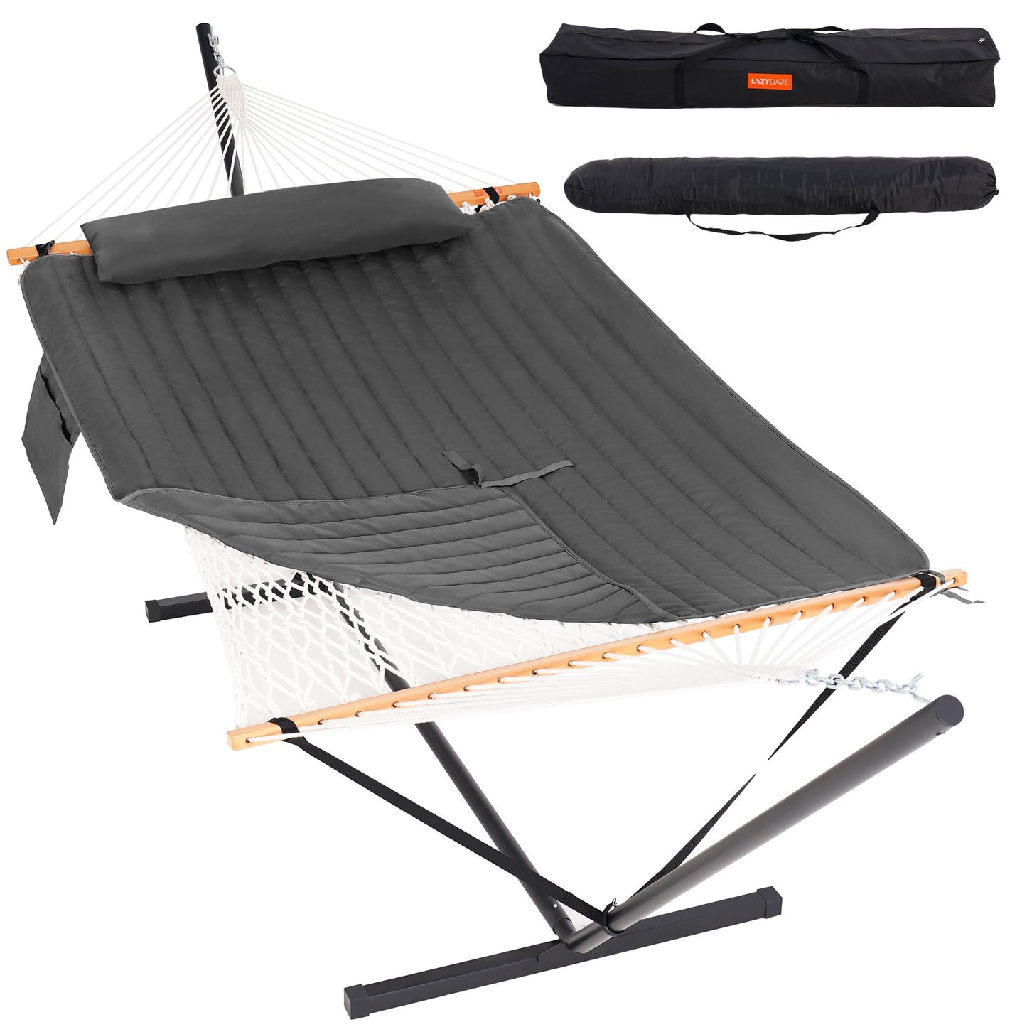 Lazy Daze Hammocks 2 Person Portable Hammock with 12FT Stand, Double Hand Woven Cotton Rope Hammock with Detachable Quilted Pad & Pillow for Outside, 450lb Capacity, Grey