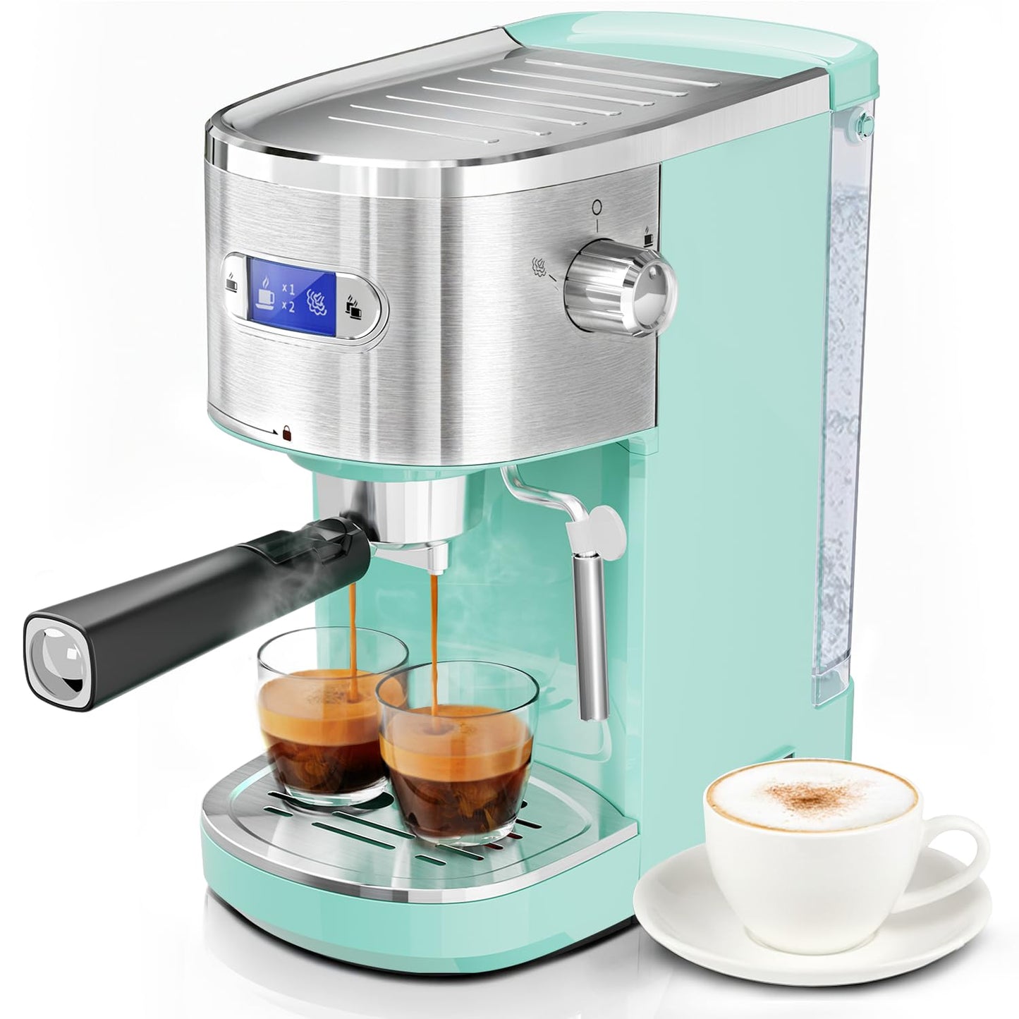 20 Bar Espresso Machine Semi-Automatic, Professional Coffee Maker with Milk Frother Steam Wand & 45OZ Removable Water Tank, Home Barista System for Cappuccino, Latte, Americano-Stainless Steel-Green