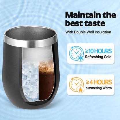 Volhoply 12oz Stainless Steel Wine Tumbler with Lid Bulk 24 Pack,Double Wall Vacuum Stemless Wine Glasses,Reusable Metal Travel Coffee Mug with Straw,Insulated Cups Gifts for Christmas（Black,24 Set）