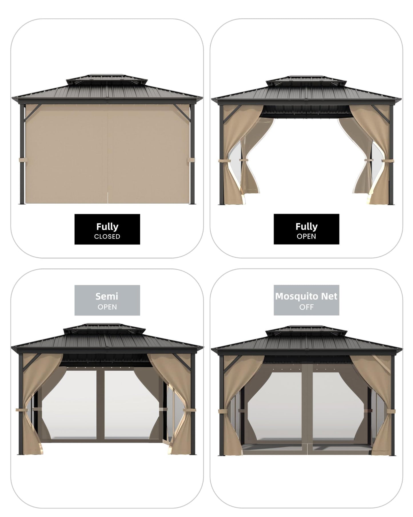 GarveeLife Hardtop Gazebo 10 ft x14 ft for All Weather, with Double Metal Roof, Aluminum Alloy Frame, Net, and Curtain, Permanent Building for Patio, Deck, Backyard, Lawn, and Garden