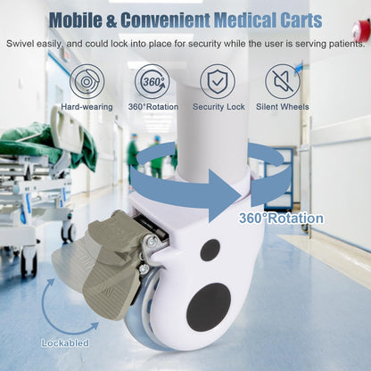 Mobile Medical Carts 3 Tier Professional Utility Cart 330 LBS Max Load Rolling Crash Cart Ultrasound Trolley with Wheels Drawers Dirt Bucket Sharps Box Storage Basket for Hospital Dental Clinic Home