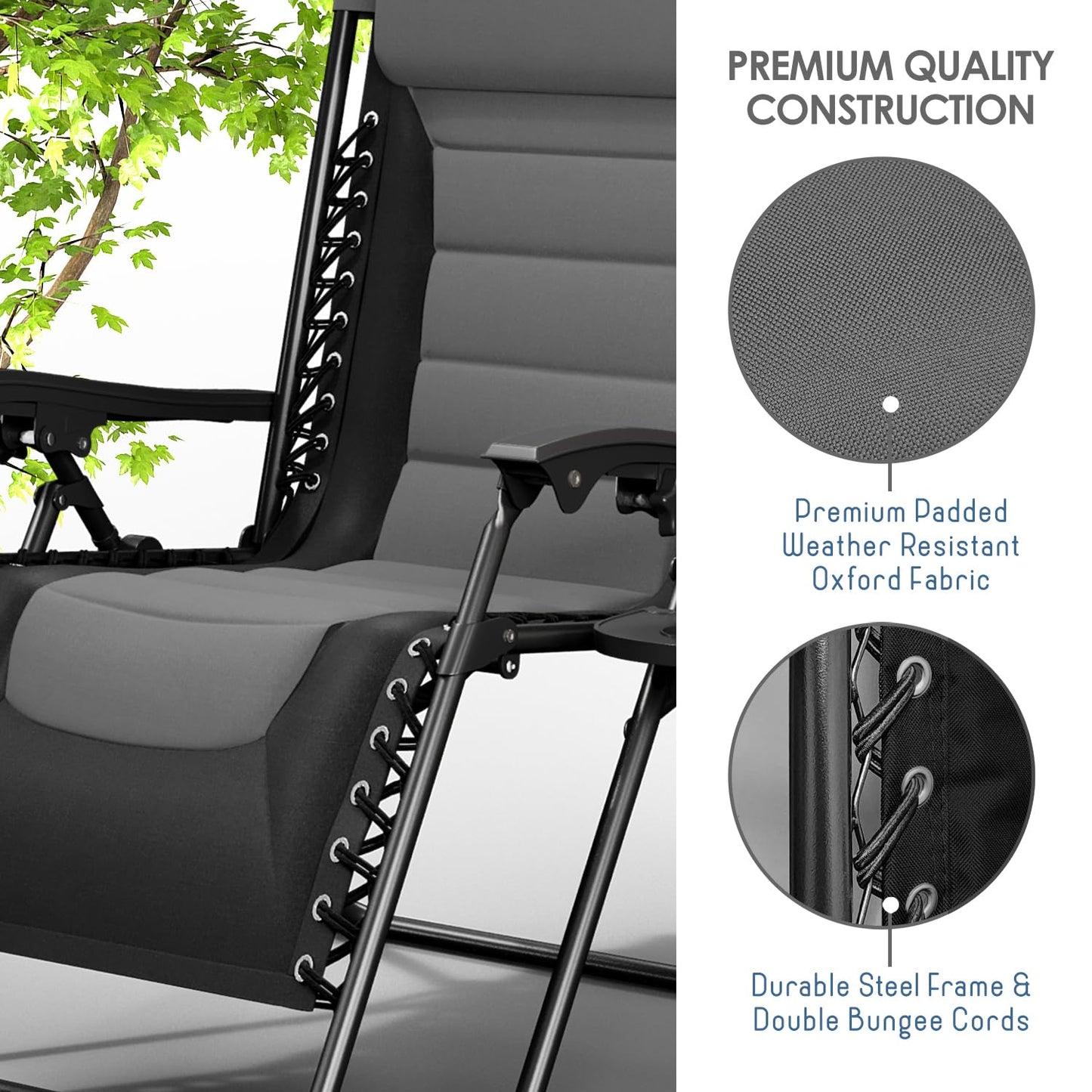 Nestl Outdoor Padded Zero Gravity Chair, Patio Lounge Chair Outdoor Recliner, Oversized Anti Gravity Lounger with Adjustable Headrest and Cup Holder, Foldable for Camping, Yard - Black/Grey