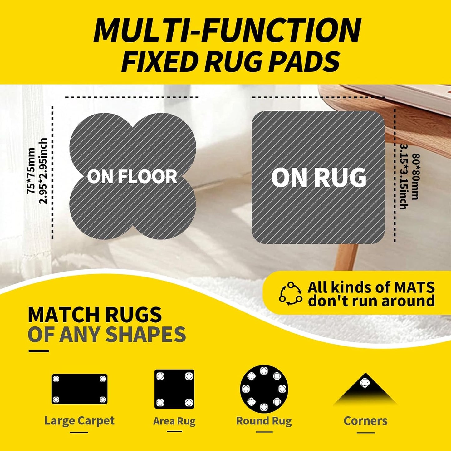 PHIXBEAR Heavy Duty Carpet Pad Gripper - 16 Sets of Super Adhesive Hook and Loop Strips for Rug Safety