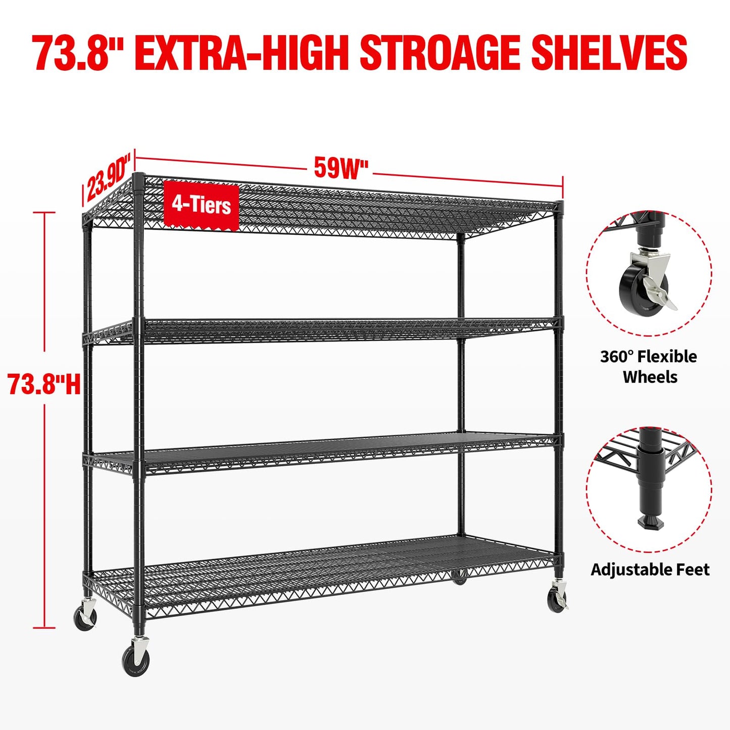 IDEALHOUSE Storage Shelves with Wheels, 74" H x 59" W x 24" D 4 Tier Adjustable Wire Shelving Unit, 2640 Lbs Capacity Heavy Duty Metal Storage Rack for Garage, Pantry, Kitchen, Warehouse