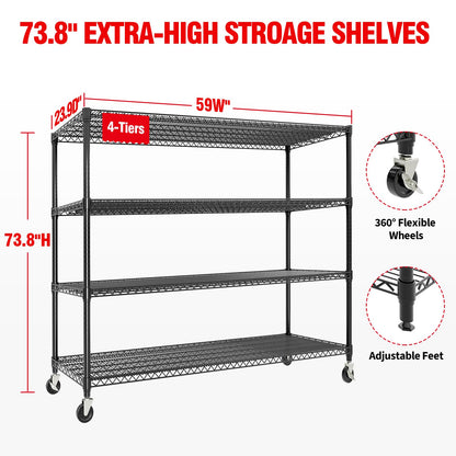 IDEALHOUSE Storage Shelves with Wheels, 74" H x 59" W x 24" D 4 Tier Adjustable Wire Shelving Unit, 2640 Lbs Capacity Heavy Duty Metal Storage Rack for Garage, Pantry, Kitchen, Warehouse