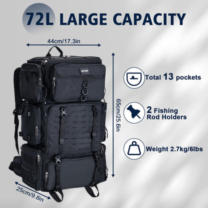 Goture Fishing Backpack with Cooler, 72L 600D Tackle Backpack Included 4 3700 Tackle Boxes, Dry & Wet Split Compartment, Large Fishing Tackle Bag with Rod Holders,Rain Cover for Travel Camping Hiking