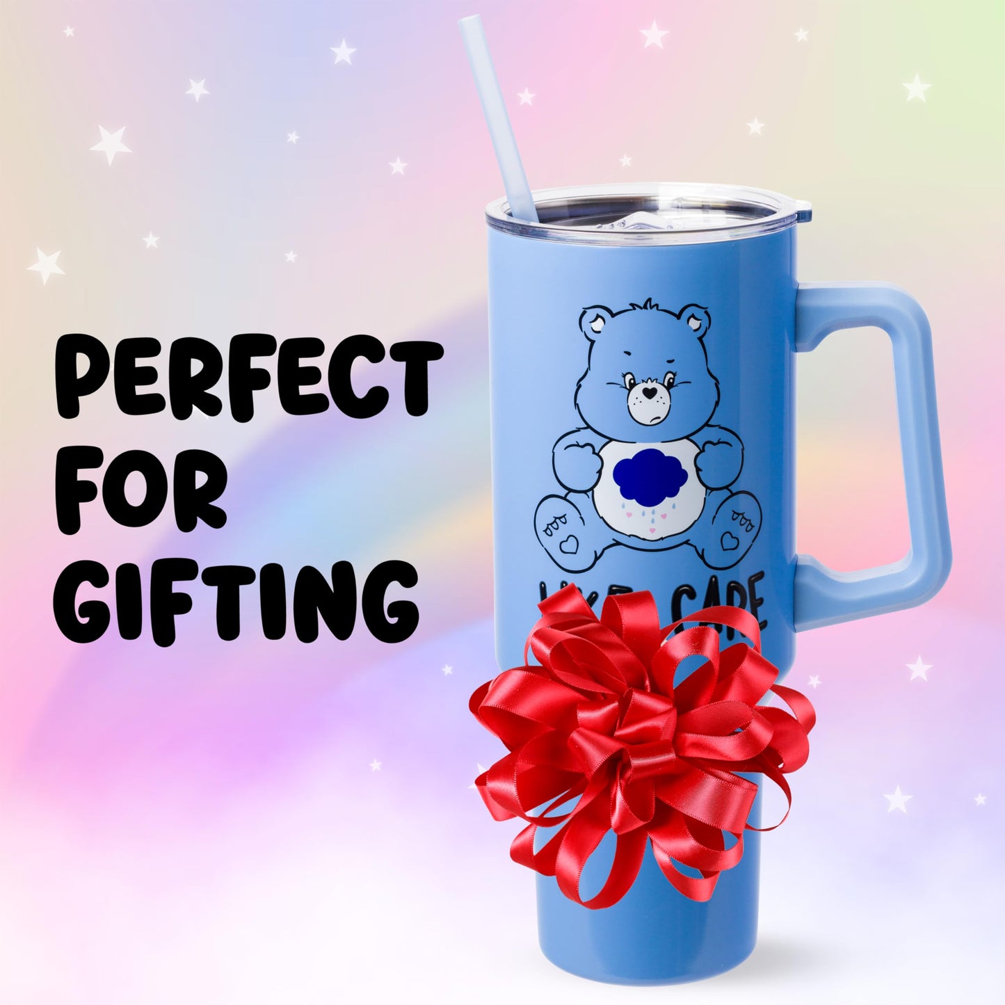 Silver Buffalo Care Bears Grumpy Bear Like I Care Stainless Steel Tumbler with Handle and Straw, Fits in Standard Cup Holder, 40 Ounces (Pack of 12)