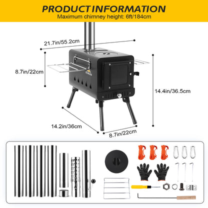 Black Wood Burning Tent Stove, 7 Section & 6 ft height Stainless Steel Chimney with diameter 2.24", Kungka Portable Hot Tent Stove for Heating & Cooking, Camping, Hunting, Ice Fishing