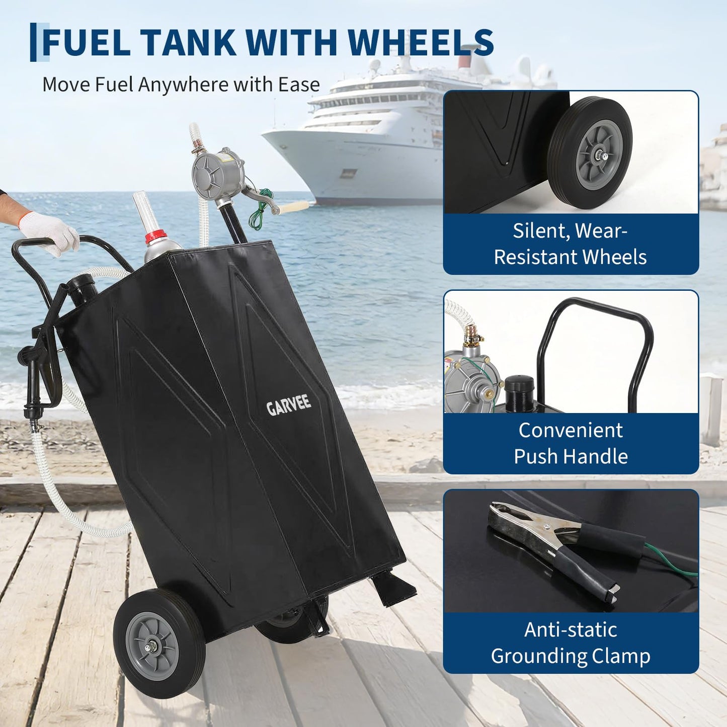 30 Gallon Fuel Gas Caddy Storage Tank, Portable Gas Caddy w/ Wheels, Reversible Manual Hand Pump & Fuel Hose, Anti-Static Grounding Clamp, Vent/Level Gauge, Wide Fill Neck, Gasoline/Diesel Transfer for ATV, Car, Mower, Tractor, Boat