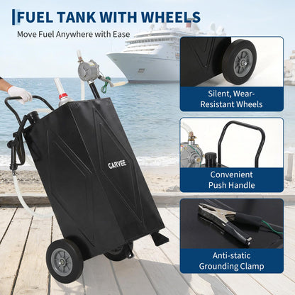 30 Gallon Fuel Gas Caddy Storage Tank, Portable Gas Caddy w/ Wheels, Reversible Manual Hand Pump & Fuel Hose, Anti-Static Grounding Clamp, Vent/Level Gauge, Wide Fill Neck, Gasoline/Diesel Transfer for ATV, Car, Mower, Tractor, Boat