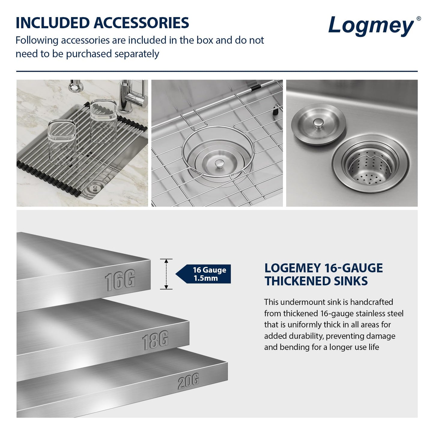 Logmey 13x15 Undermount Bar Sink,16 Gauge Heavy-Duty Stainless Steel Handmade Small Kitchen Sink,Scratch-resistant,Easy Clean,13x15x9 Single Bowl Utility Sink for RV & Prep Station