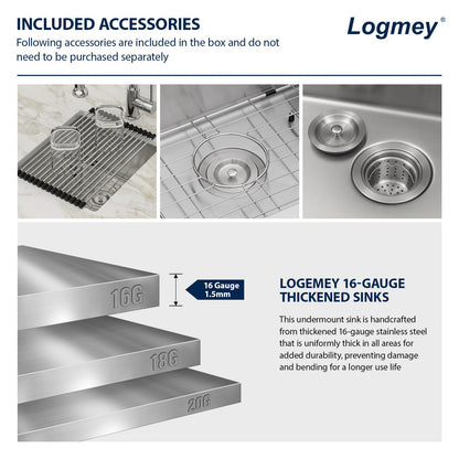 Logmey 13x15 Undermount Bar Sink,16 Gauge Heavy-Duty Stainless Steel Handmade Small Kitchen Sink,Scratch-resistant,Easy Clean,13x15x9 Single Bowl Utility Sink for RV & Prep Station