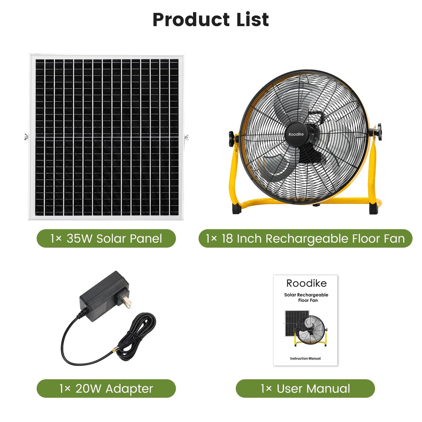 Roodike 18" Solar Rechargeable Floor Fan, 35W Solar Powered Battery Operated Fans for Outdoor Garden Greenhouse Barn Stable Camping Garage Air Circulation Cooling