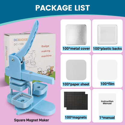 Square Magnet Button Maker Kit - Holographic Film 2'' x 2'' Button Press Machine with 100 Set Fridge Magnet Making Supplies(Metal Cover, Film, Back Inserts), for Craft, Home, Small Business