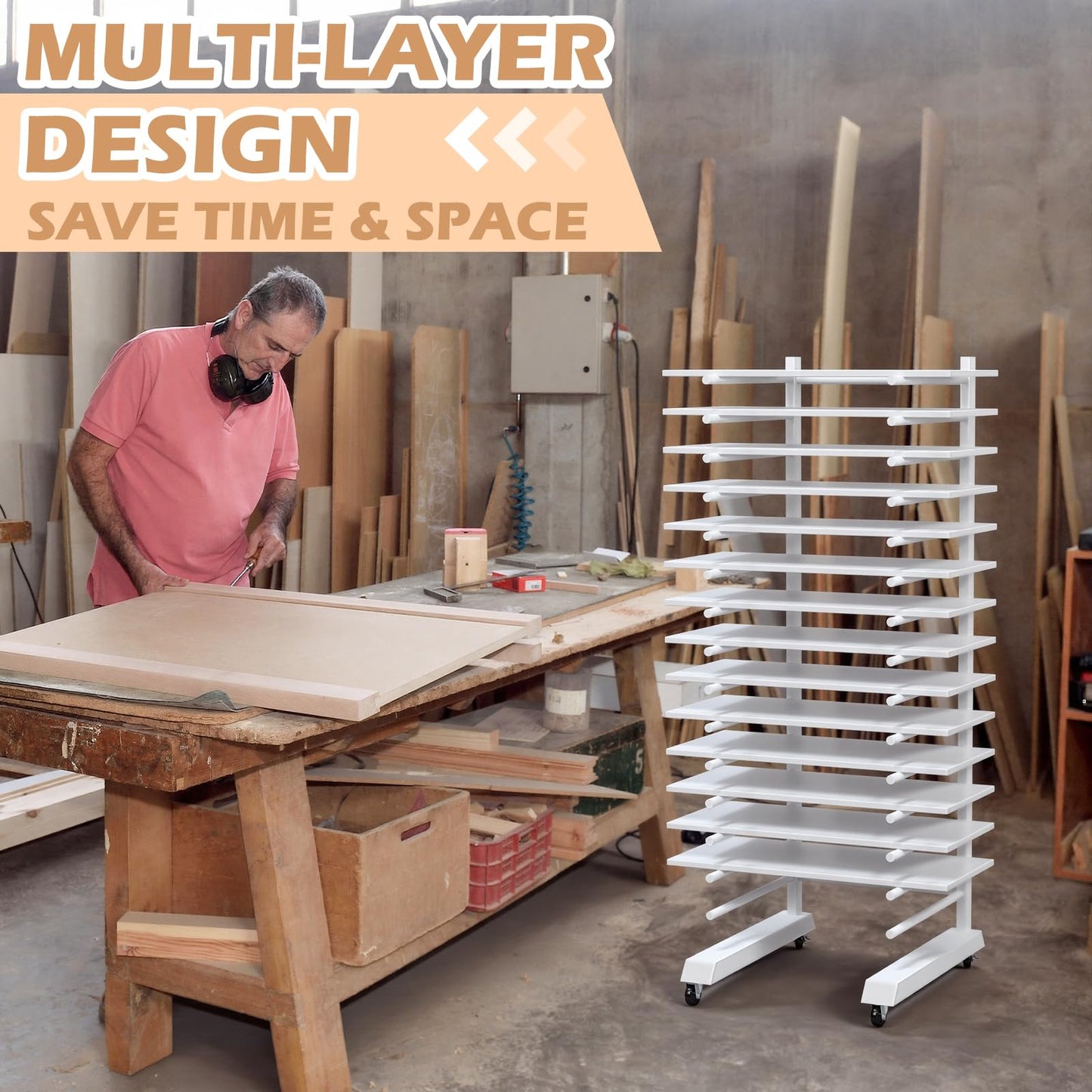 Colingmill 1 Pack 15 Tier Cabinet Doors Paint Drying Rack with Casters 16 in Rods 20 in Base White Powder Coated 15lbs/Shelf Iron Detachable Crossbars Space Saving for Painted Wood Panels Doors