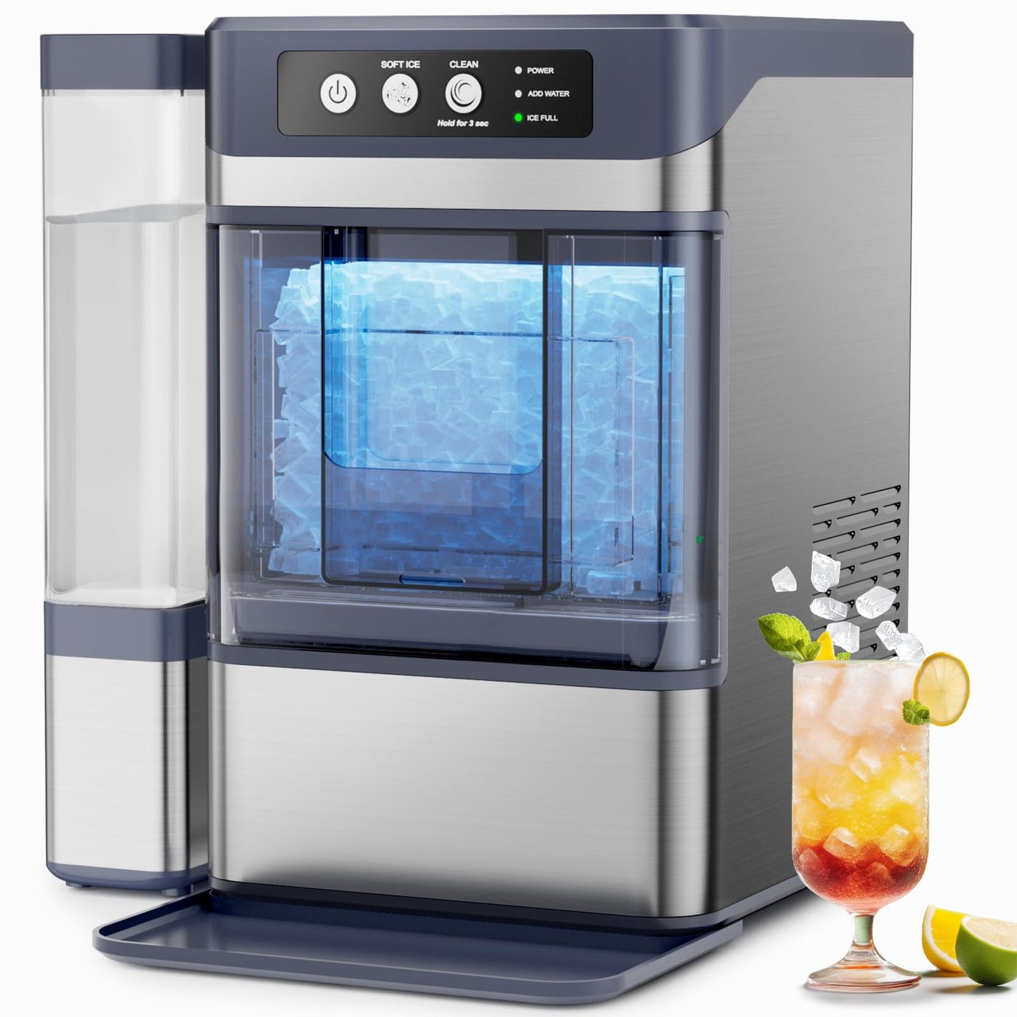 Nugget Ice Maker Countertop, 44lbs/24H with 0.8 Gallon Tank, ETL Approval, Chewable Soft Pellet Ice Ready in 5 Mins, Stainless Steel Countertop Ice Maker with Self-Cleaning for Home, Office, RV