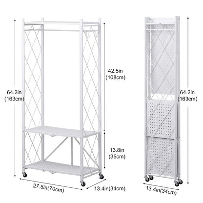 Sharkwave Living Foldable Clothing Rack with Wheels, Portable Folding Clothes Rack Organizer with Shelves and Side Hooks, Collapsible Wardrobe Closet for Bedroom or Laundry Room，White