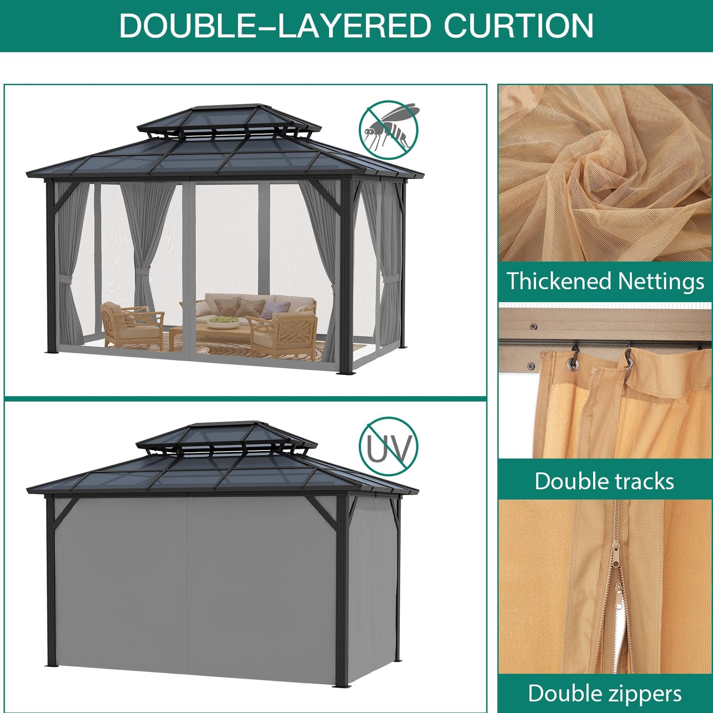 GAOMON 10'x13' Hardtop Gazebo, Outdoor Polycarbonate Double Roof Canopy, Aluminum Frame Permanent Pavilion with Curtains and Netting, Sunshade for Garden, Patio, Lawns (Gray)