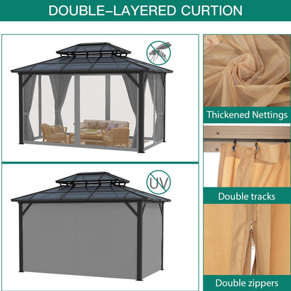 GAOMON 10'x13' Hardtop Gazebo, Outdoor Polycarbonate Double Roof Canopy, Aluminum Frame Permanent Pavilion with Curtains and Netting, Sunshade for Garden, Patio, Lawns (Gray)