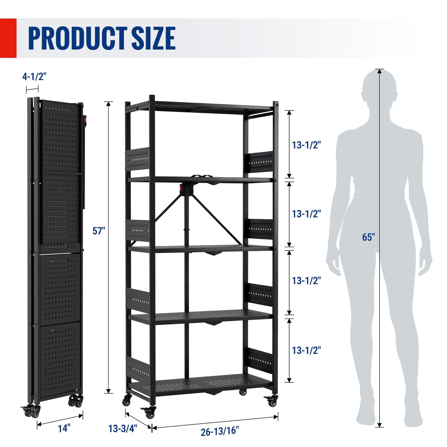 WORKPRO 5-Tier Folding Shelf, No-Assembly Metal Storage Rack with Wheels, 750 lbs Capacity (with Leveling Feet), Collapsible Shelving Unit for Kitchen, Pantry, Bathroom & Closet Organization