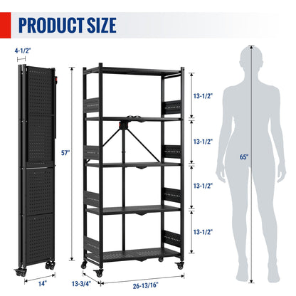WORKPRO 5-Tier Folding Shelf, No-Assembly Metal Storage Rack with Wheels, 750 lbs Capacity (with Leveling Feet), Collapsible Shelving Unit for Kitchen, Pantry, Bathroom & Closet Organization