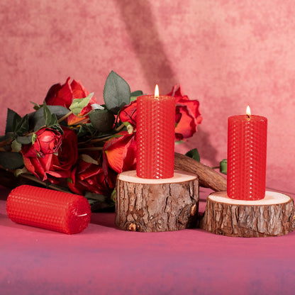 KONNI Beeswax Red Pillar Candles Set of 3, 2"x 4" Unscented Pillar Candles Bulk, 20 Hours Long Burning Candles, Smokeless&Dripless Large Round Candle for Wedding, Decoration, Parties, Spas, Dinner