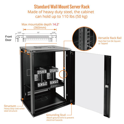 Tecmojo 18U Wall Mount Rack Network Cabinet for 19" IT Equipment,with Lockable Glass Door and Side Panels,Cooling Fan,Black,17.7inch Depth for AV/Computer/Electronics Equipment Data Rack