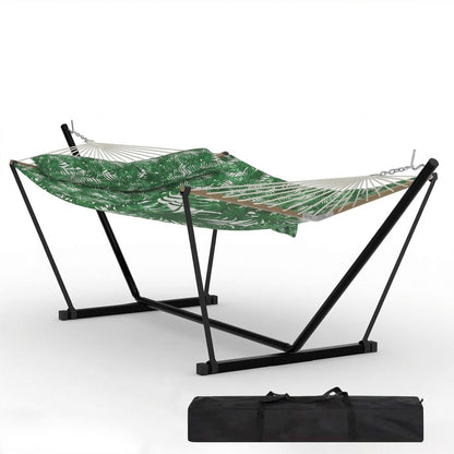 Double Hammock with Stand for Outdoor Use – 2-Person Portable Hammock with Curved Spreader Bar & Balance Ropes, Heavy Duty 450 LBS Capacity for Backyard, Patio & Camping, Green