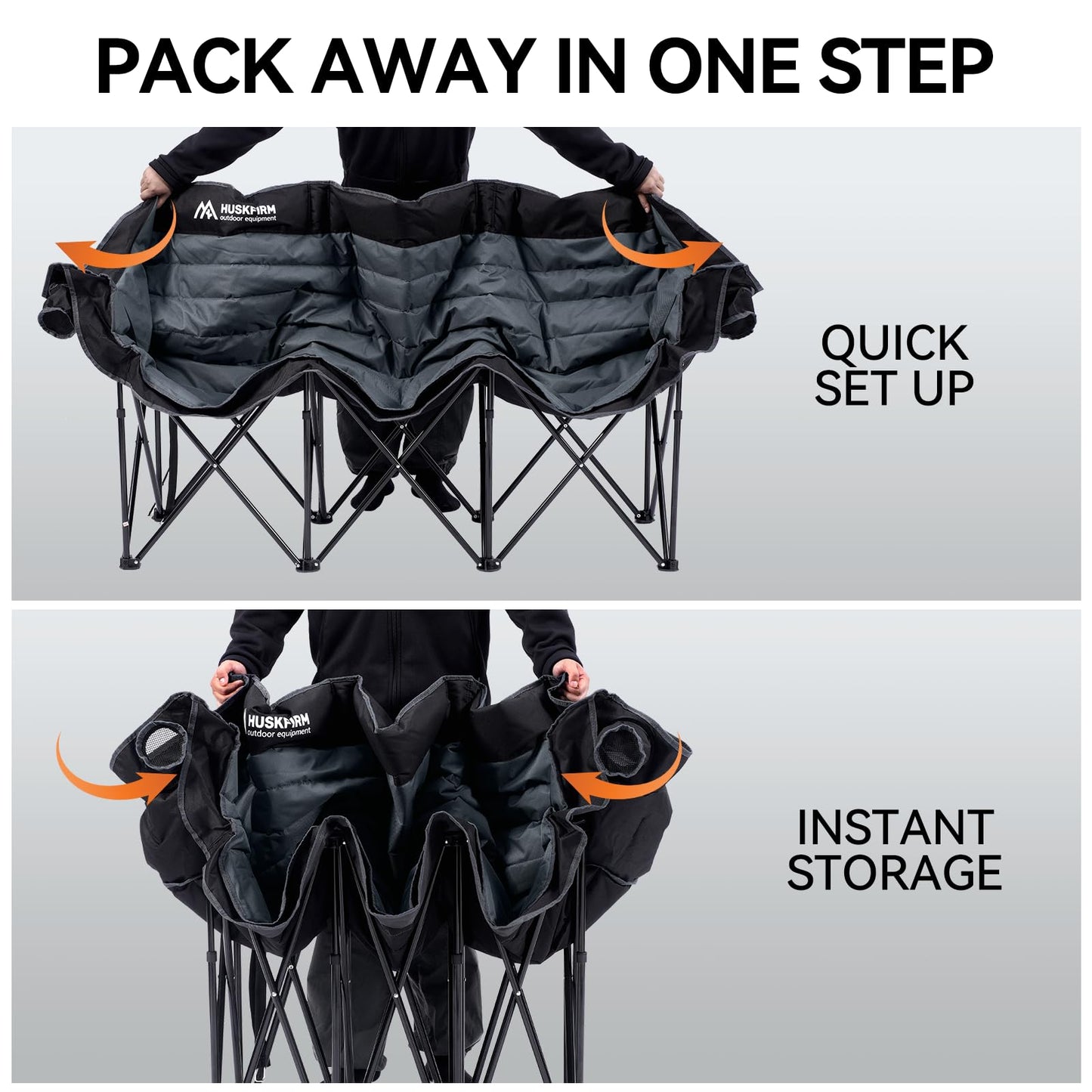 Huskfirm 3 Person Camping Chairs Folding Double Camping Chair Portable Oversized Loveseat Padded Camp Chair Heavy Duty Camping Couch for Adults Outdoor Lawn with Two Cup Holders and Carry Bag