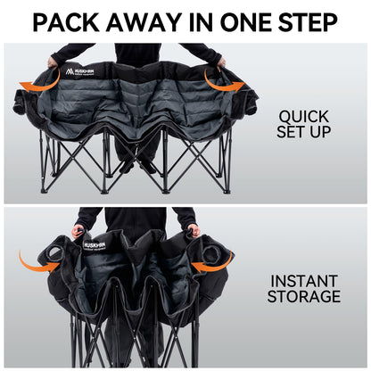 Huskfirm 3 Person Camping Chairs Folding Double Camping Chair Portable Oversized Loveseat Padded Camp Chair Heavy Duty Camping Couch for Adults Outdoor Lawn with Two Cup Holders and Carry Bag