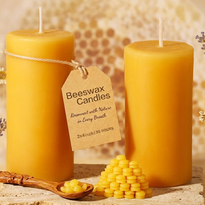 Beeswax Pillar Candles Set of 2, 70 Hours Long Burning, 100% Natural Beeswax Candles for Emergency, Pure Bees Wax for Home, Smokeless & Dripless