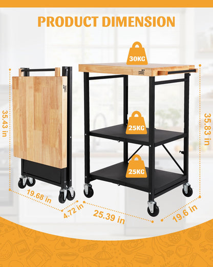 Mythinglogic Foldable Kitchen Storage Cart, 3-Tier Rolling Cart with Solid Oak Top, Heavy-Duty Metal Utility Rack for Microwave, Pots, Dish Set, Meal Prep Area, Kitchen Island on Lockable Wheels