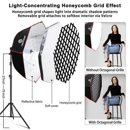 Light Box Photography Lighting Kit:2-Pack 37" Octa Softbox,Honeycomb Grid,110W LED Lamps,RC,Tripod Stands for Studio Light,Video Recording,Portraits,Model/Food/Pet/Baby/Product Shoots & Live Streaming