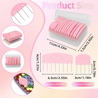Hollima 20 Pcs Blocking Pins for Knitting, Pink Knit Blocking Combs Kit for Block Knitting Mats Crochet Projects Lace Needlework Sewing Tool Device