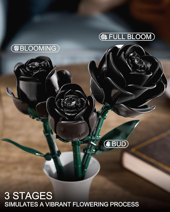Black Roses Flowers Building Sets Artificial Bouquet Botanical Collection Building Blocks for Adults Gothic Home Decor Christmas Birthday Gift for Adults Women Girls Age 8-12 (512Pcs)